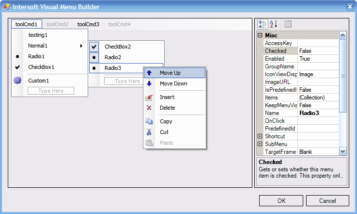 Visual Menu Builder showing a menu item's Context Menu