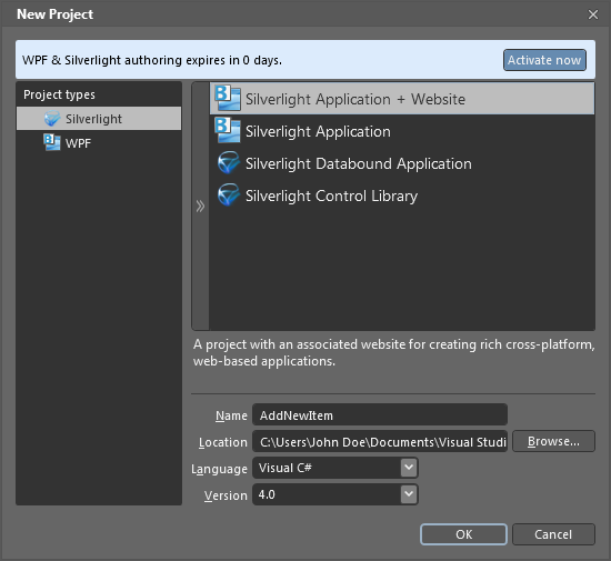 Create New Silverlight Application + Website Project